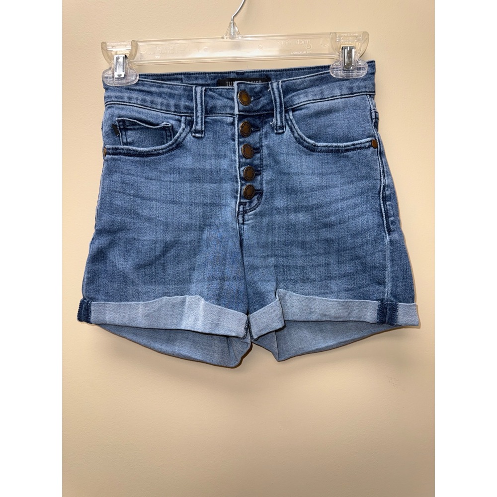 Judy Blue Womens High Rise Button Fly Cuffed Denim Shorts Medium Wash Blue 24